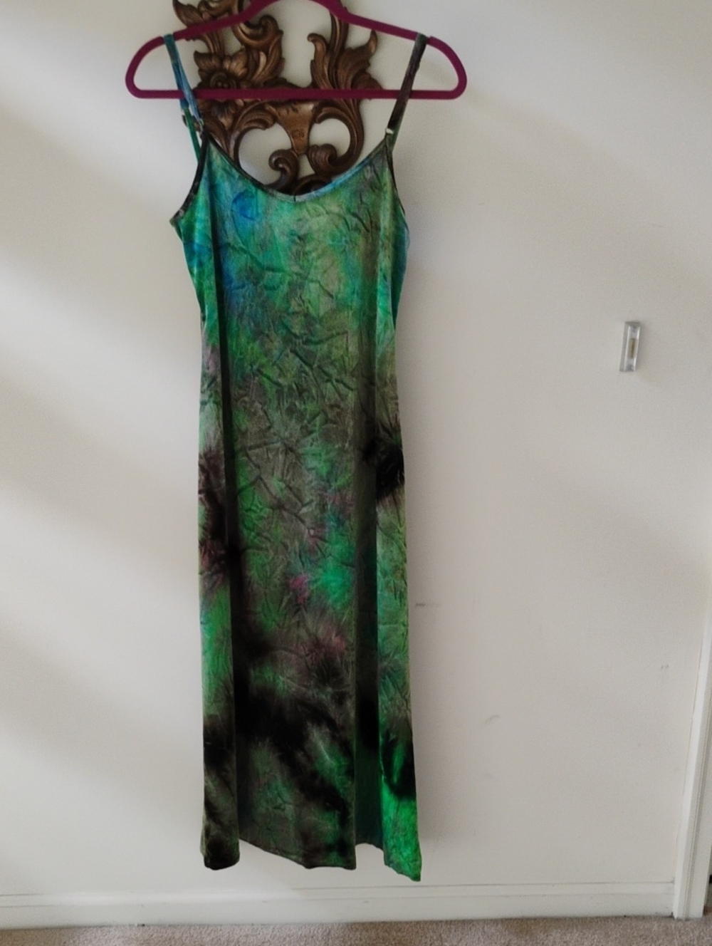 Flowy Green Velvet/Velour Tie-Dye Maxi Slip Dress with Adjustable Straps Y2K
